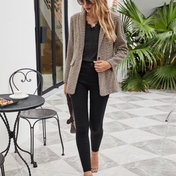 Khaki Tan Tweed houndstooth blazer jacket classic Work - Picture 6 of 9